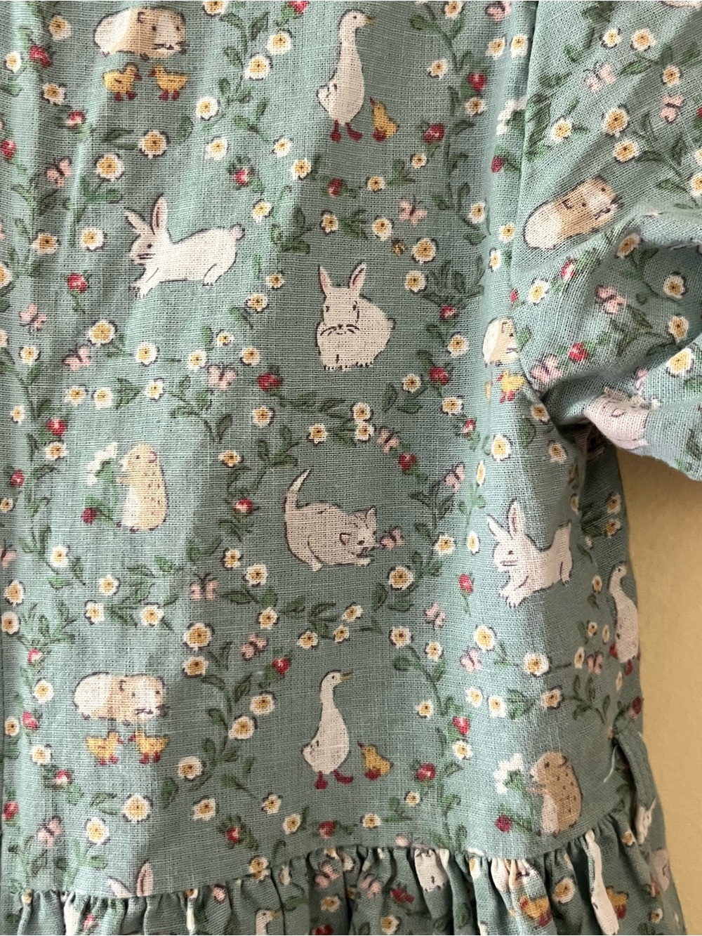 Mini Boden Linen Teal Green Bunny Goose Floral Puff-Sleeve Dress - Picture 3 of 8